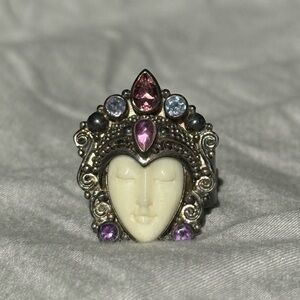 Unique Vintage Sterling Silver and Gemstone Face Ring